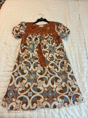 Mi Golondrina Brown & Blue Patterned Smocked Dress